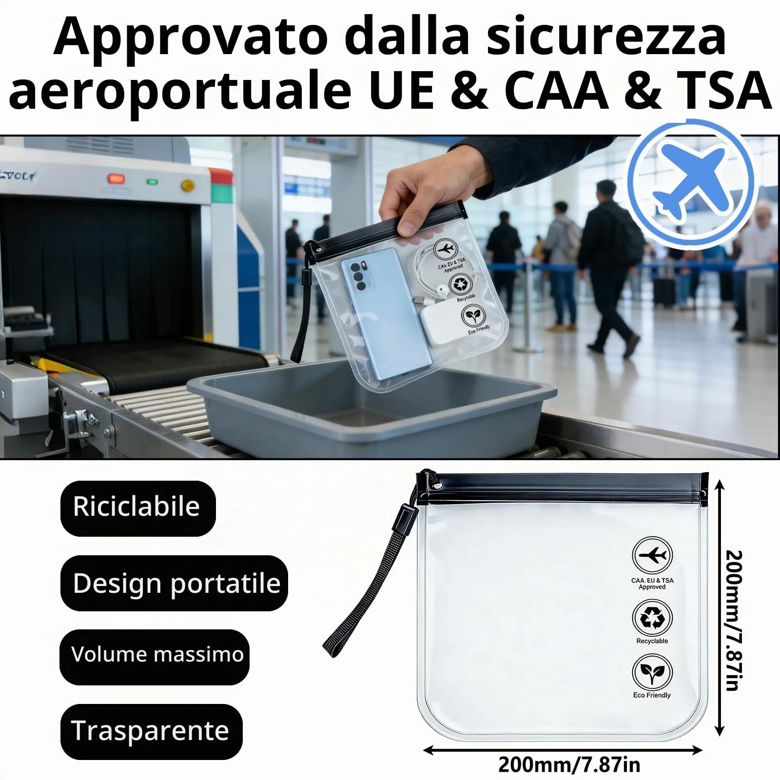 4 Pezzi Contenitori da Viaggio per Liquidi, Accessori Viaggio Sacchetto Zippato Trasparente in EVA Impermeabile TSA, Certificato per Bagaglio a Mano e Kit Viaggio Aereo (4) - immagine 2