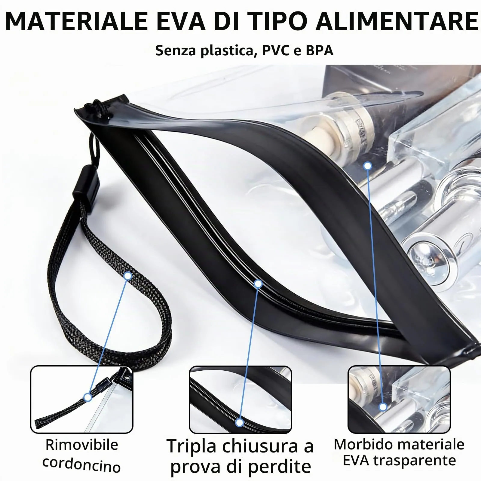 4 Pezzi Contenitori da Viaggio per Liquidi, Accessori Viaggio Sacchetto Zippato Trasparente in EVA Impermeabile TSA, Certificato per Bagaglio a Mano e Kit Viaggio Aereo (4) - immagine 3