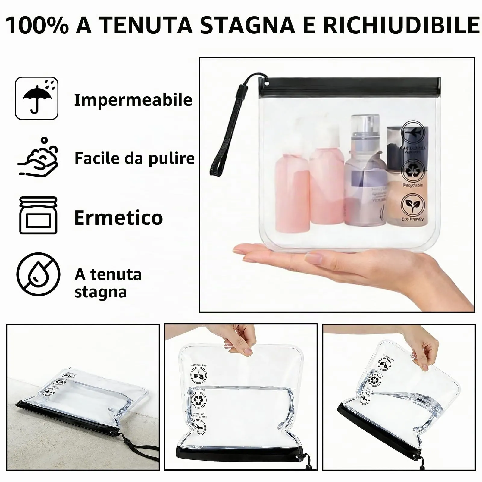 4 Pezzi Contenitori da Viaggio per Liquidi, Accessori Viaggio Sacchetto Zippato Trasparente in EVA Impermeabile TSA, Certificato per Bagaglio a Mano e Kit Viaggio Aereo (4) - immagine 4