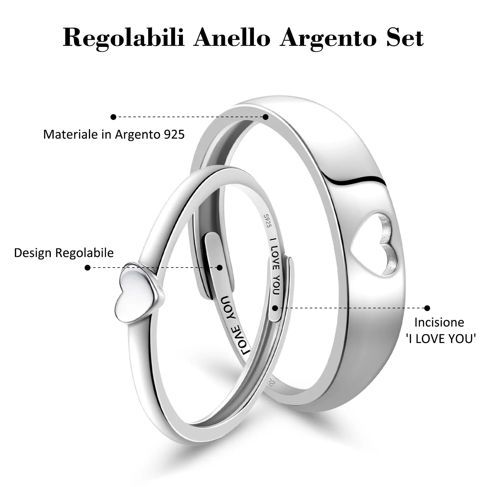 J.Fée Anello Donna Argento 925 e Anello Uomo, Cuore Fedine Fidanzamento Coppia Fedi Nuziali, Regalo Fidanzato/Fidanzata Set Anelli Donna Regali di Coppia con Scatola - immagine 2