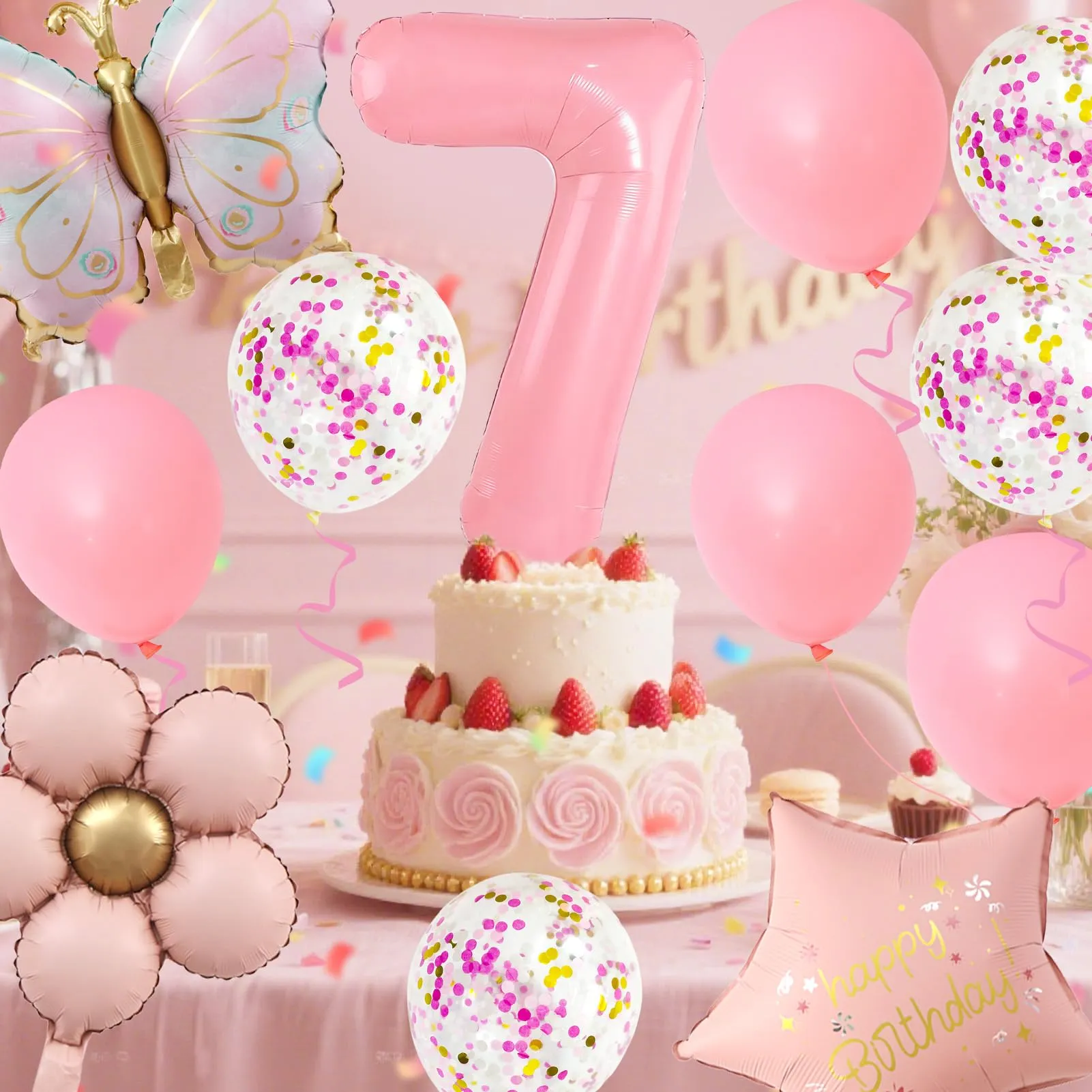 12 Pezzi Palloncini Farfalla 7 Anni, con Palloncini Fiori, Decorazioni per 7° Compleanno per Ragazze, Farfalle Compleanno Decorazione, per Tema Feste compleanno Decorazioni - immagine 4