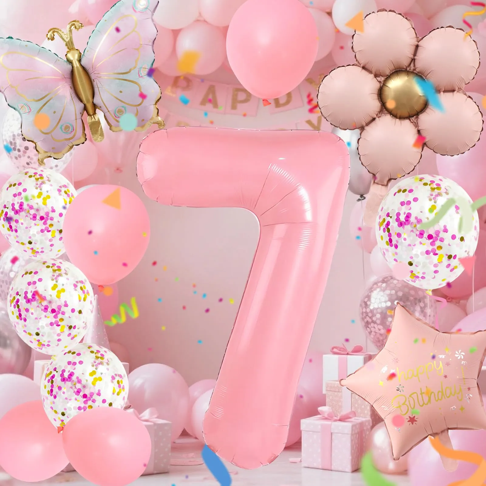 12 Pezzi Palloncini Farfalla 7 Anni, con Palloncini Fiori, Decorazioni per 7° Compleanno per Ragazze, Farfalle Compleanno Decorazione, per Tema Feste compleanno Decorazioni - immagine 5