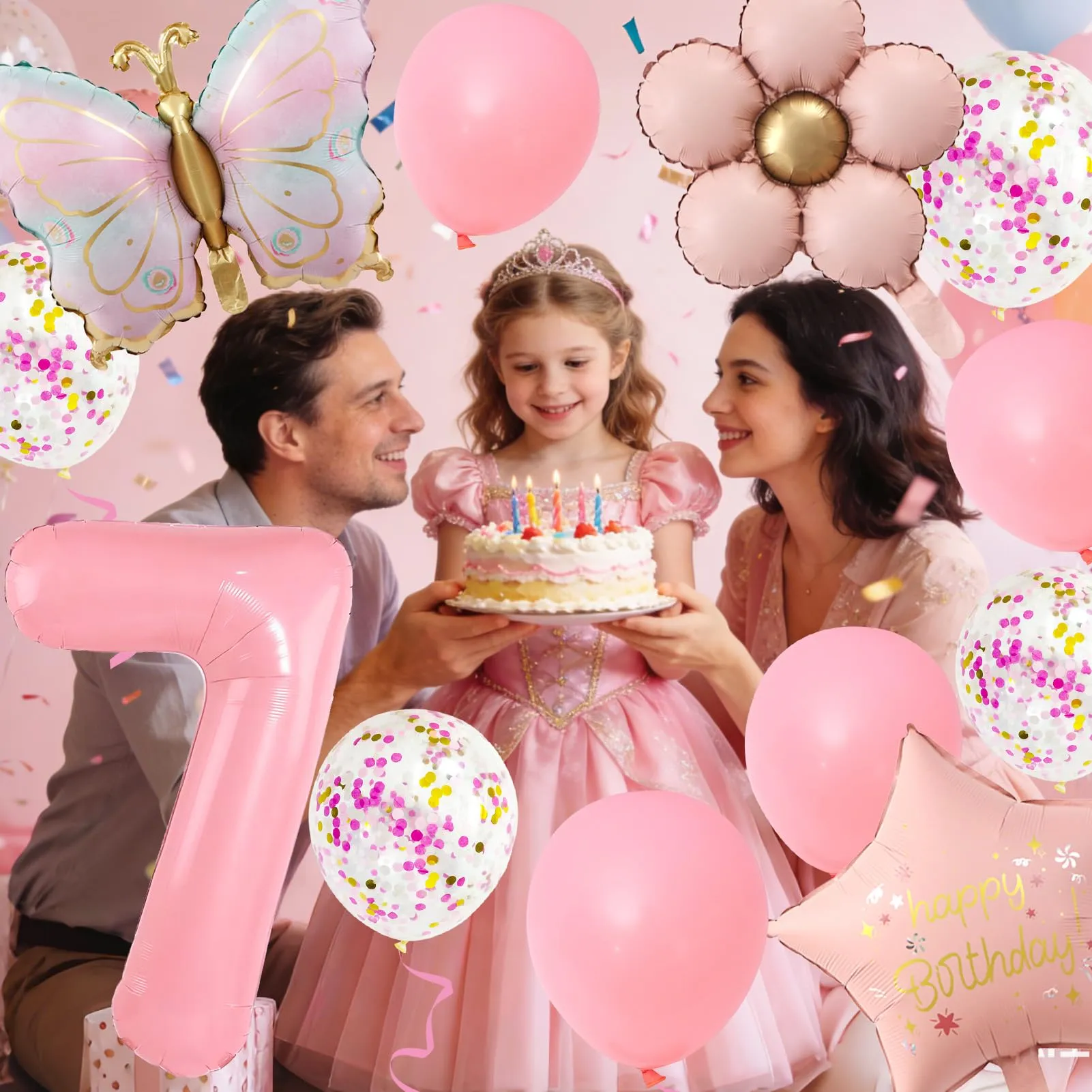 12 Pezzi Palloncini Farfalla 7 Anni, con Palloncini Fiori, Decorazioni per 7° Compleanno per Ragazze, Farfalle Compleanno Decorazione, per Tema Feste compleanno Decorazioni - immagine 6
