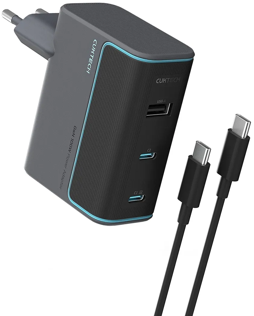 Caricabatterie da Rete con Cavo USB-C Cuktech, 100W, 5A, 1 x USB-A - 2 x USB-C, Grigio CUKAD1003EUG - immagine 1
