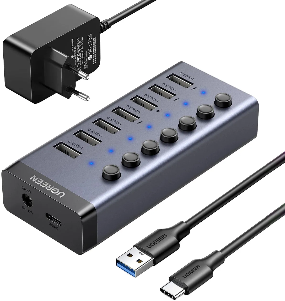 Hub USB UGREEN CM481, 7 x USB-A 3.0, Grigio - immagine 1