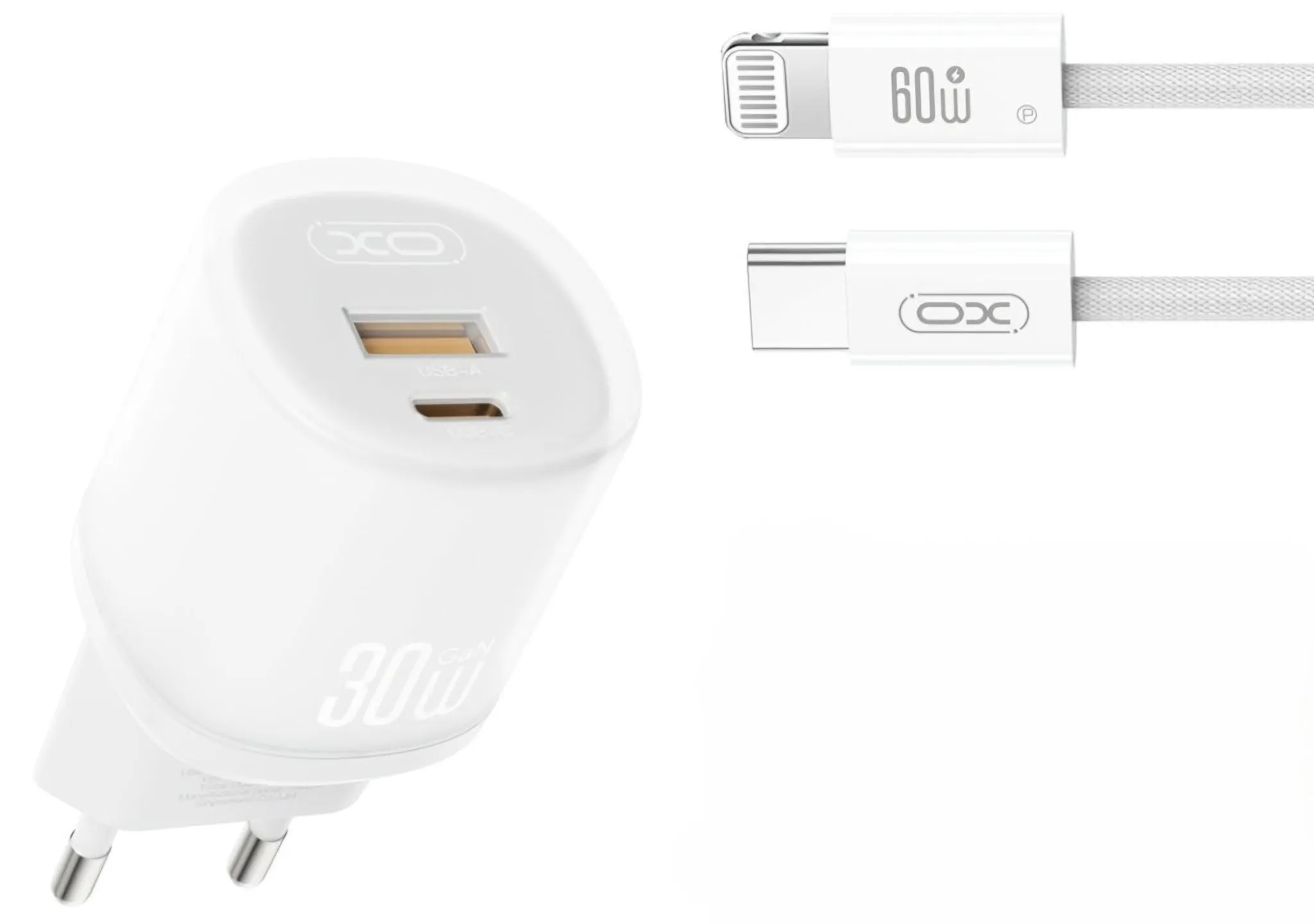 Caricabatterie da Rete con Cavo Lightning XO Design L151, 30W, 3A, 1 x USB-A - 1 x USB-C, Bianco - immagine 1
