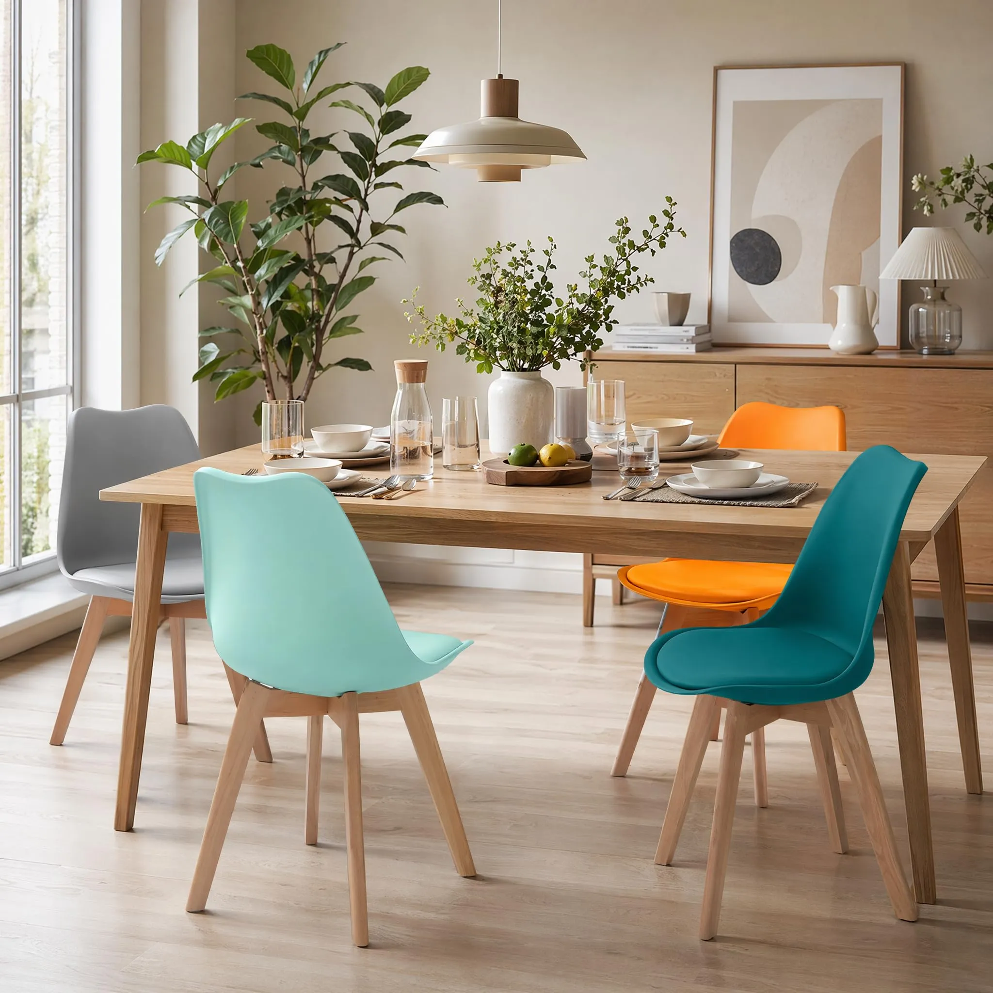 EGGREE Set di 4 Sedie da Sala da Pranzo con Gambe in Faggio Massiccio Cuscino in PU Sedie da Cucina Ufficio con Design Moderno e Scandinavo, Grigio+Turchese+Verde Menta+Arancione - immagine 4