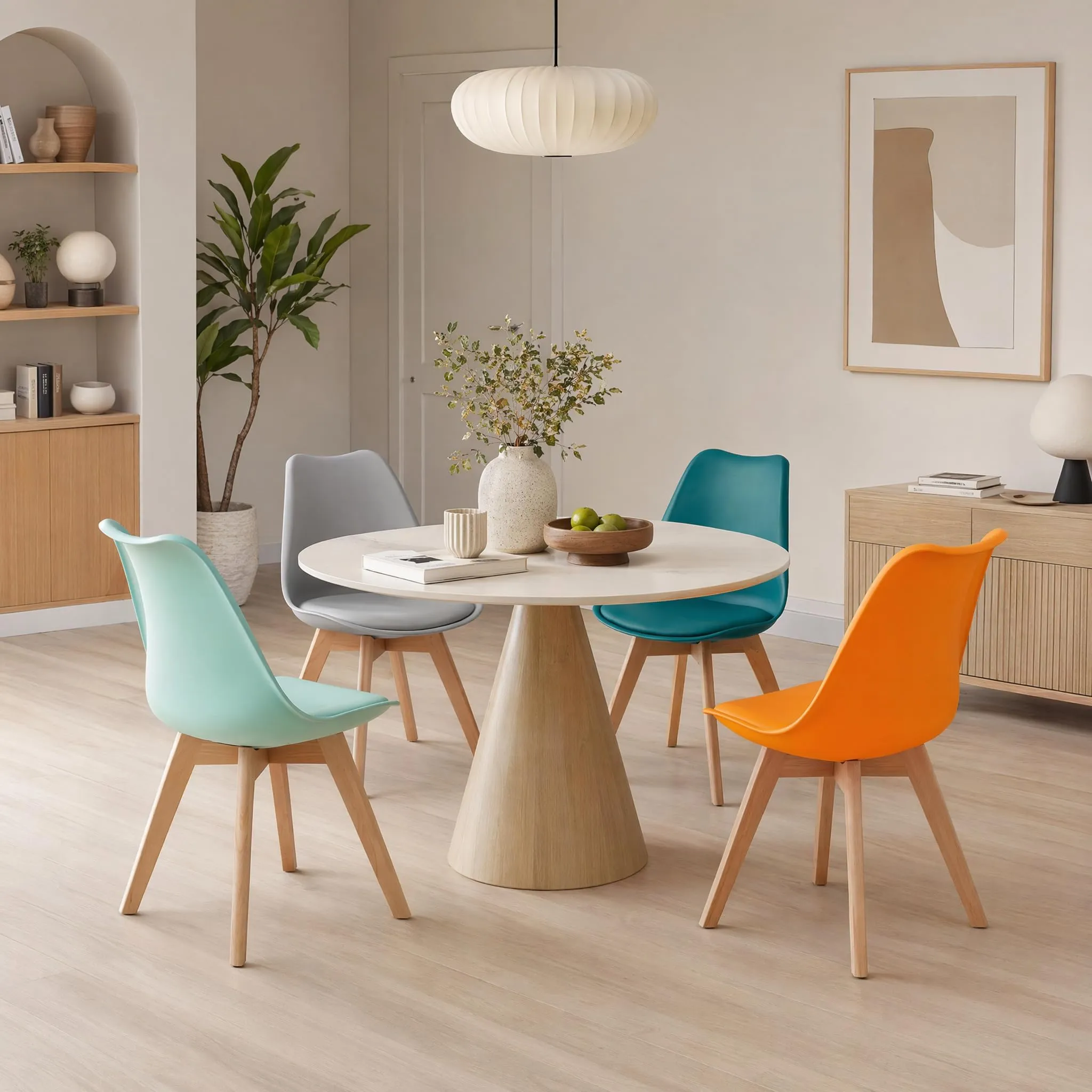EGGREE Set di 4 Sedie da Sala da Pranzo con Gambe in Faggio Massiccio Cuscino in PU Sedie da Cucina Ufficio con Design Moderno e Scandinavo, Grigio+Turchese+Verde Menta+Arancione - immagine 6