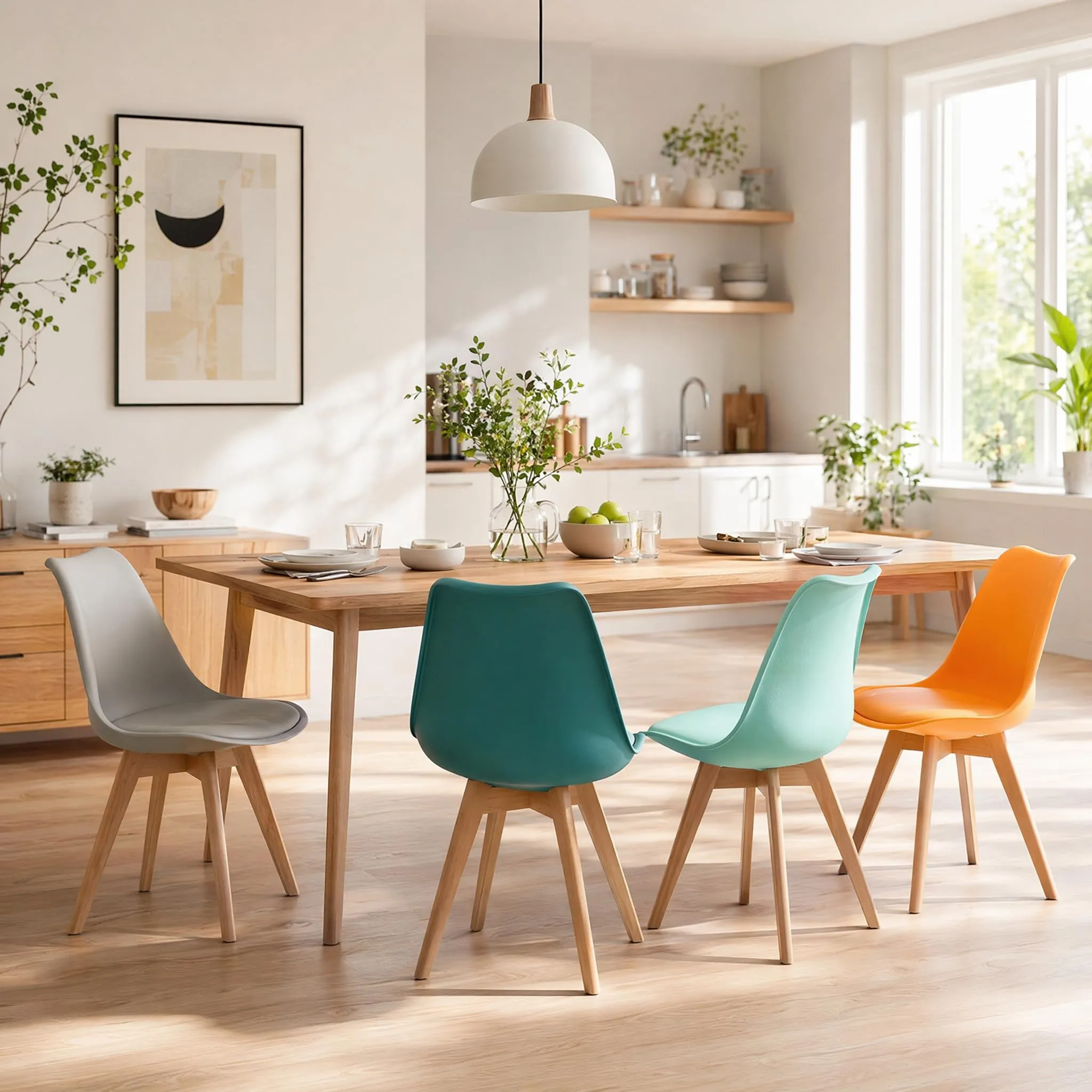 EGGREE Set di 4 Sedie da Sala da Pranzo con Gambe in Faggio Massiccio Cuscino in PU Sedie da Cucina Ufficio con Design Moderno e Scandinavo, Grigio+Turchese+Verde Menta+Arancione - immagine 7