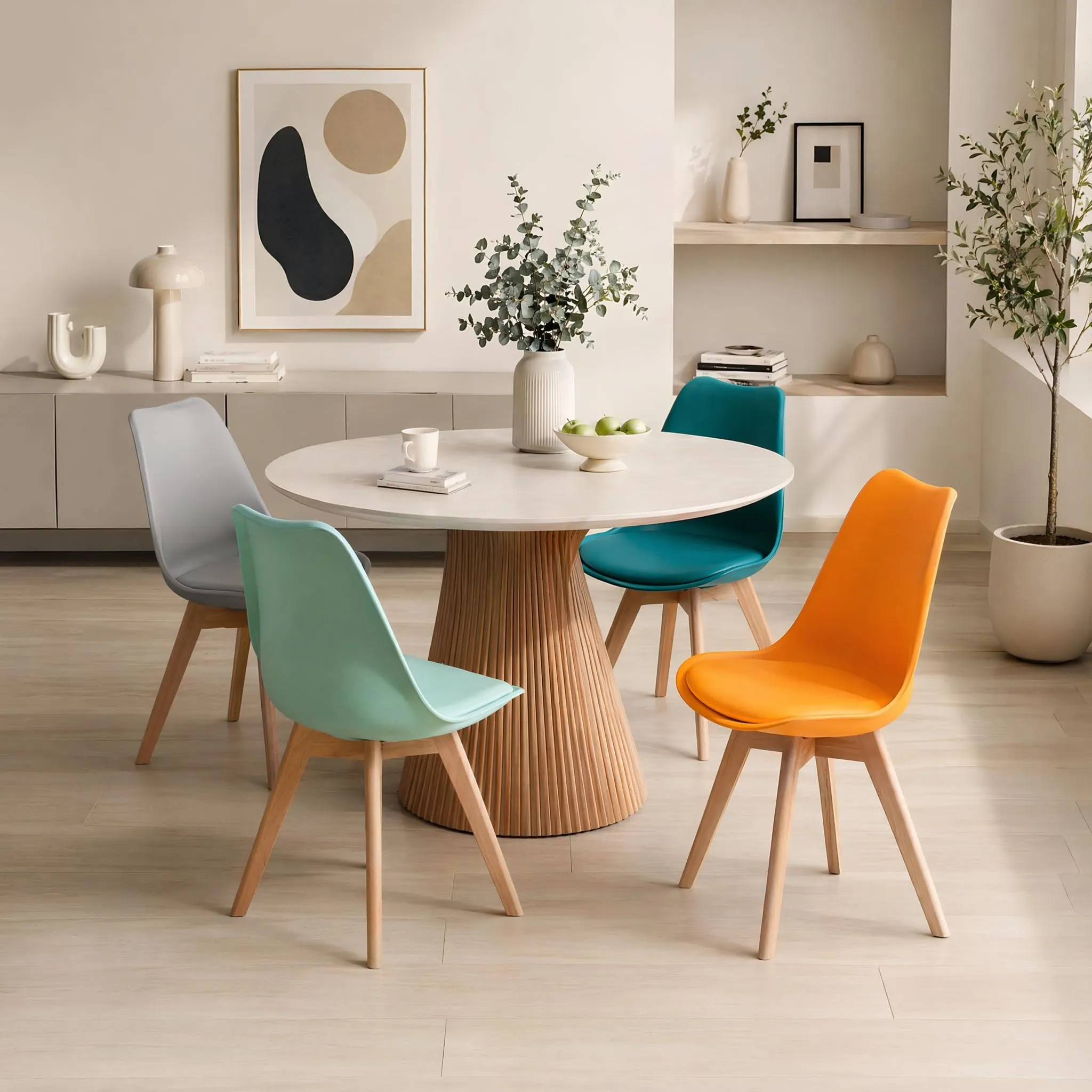 EGGREE Set di 4 Sedie da Sala da Pranzo con Gambe in Faggio Massiccio Cuscino in PU Sedie da Cucina Ufficio con Design Moderno e Scandinavo, Grigio+Turchese+Verde Menta+Arancione - immagine 8