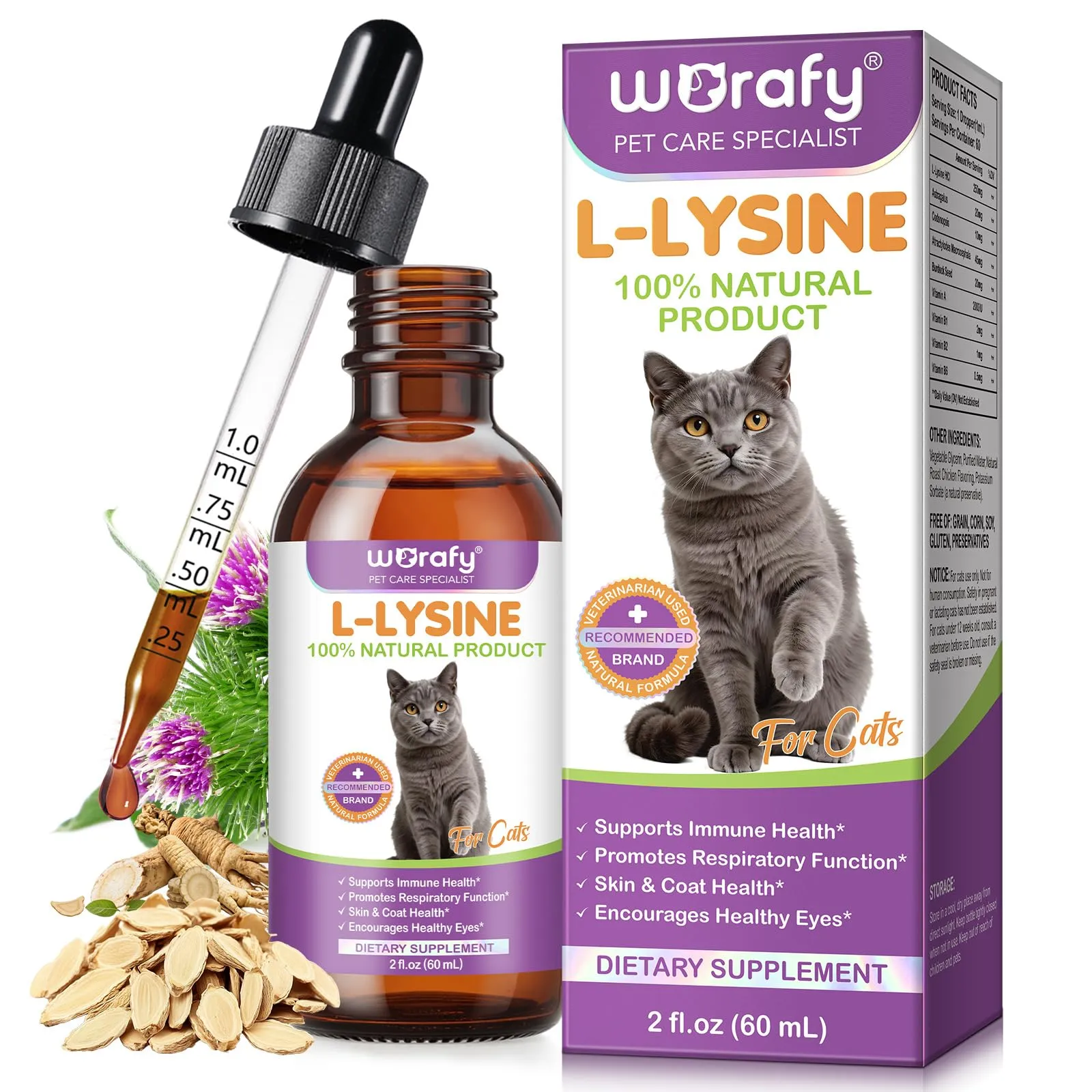 L-Lisina per Gatti - Integratore Liquido di L-Lisina per Gatti e Gattini 60ml, Supporto Immunitario e Benessere Respiratorio, Gusto Pollo - immagine 1