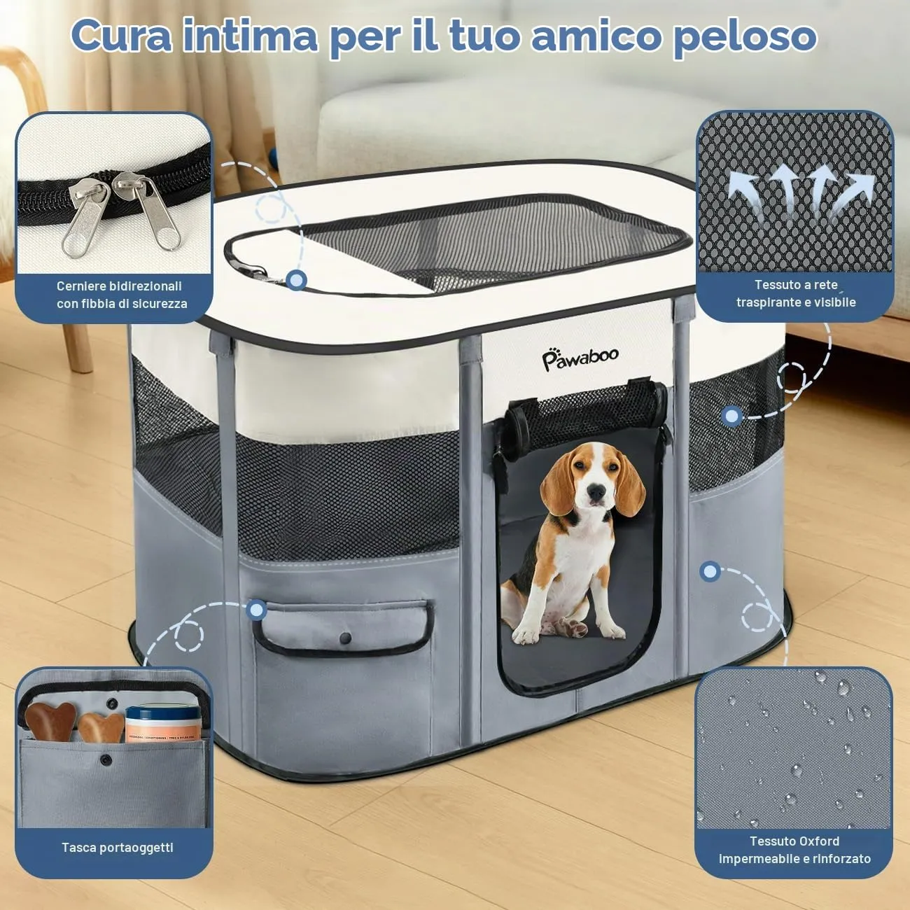 Pawaboo Recinto Portatile per Cani in Tessuto Oxford 600D, Grigio - immagine 3