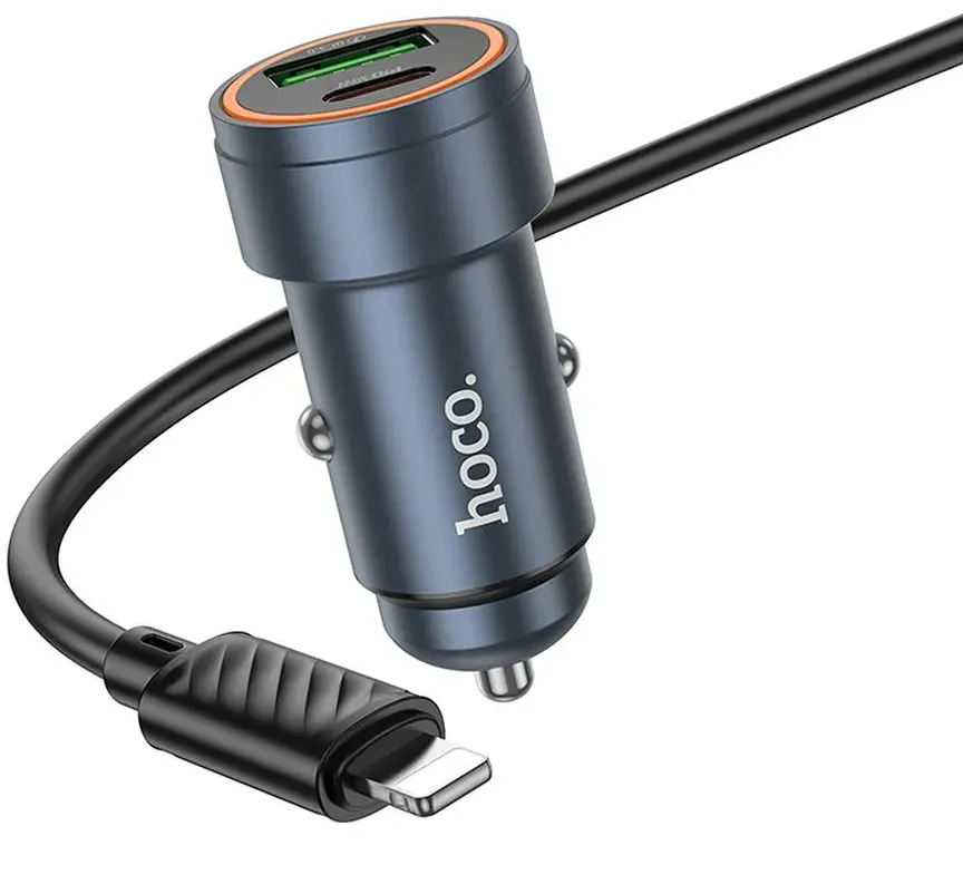 Caricabatterie Auto Con Cavo Lightning HOCO Z57A, 30W, 3A, 1 x USB-A - 1 x USB-C, Grigio - immagine 1