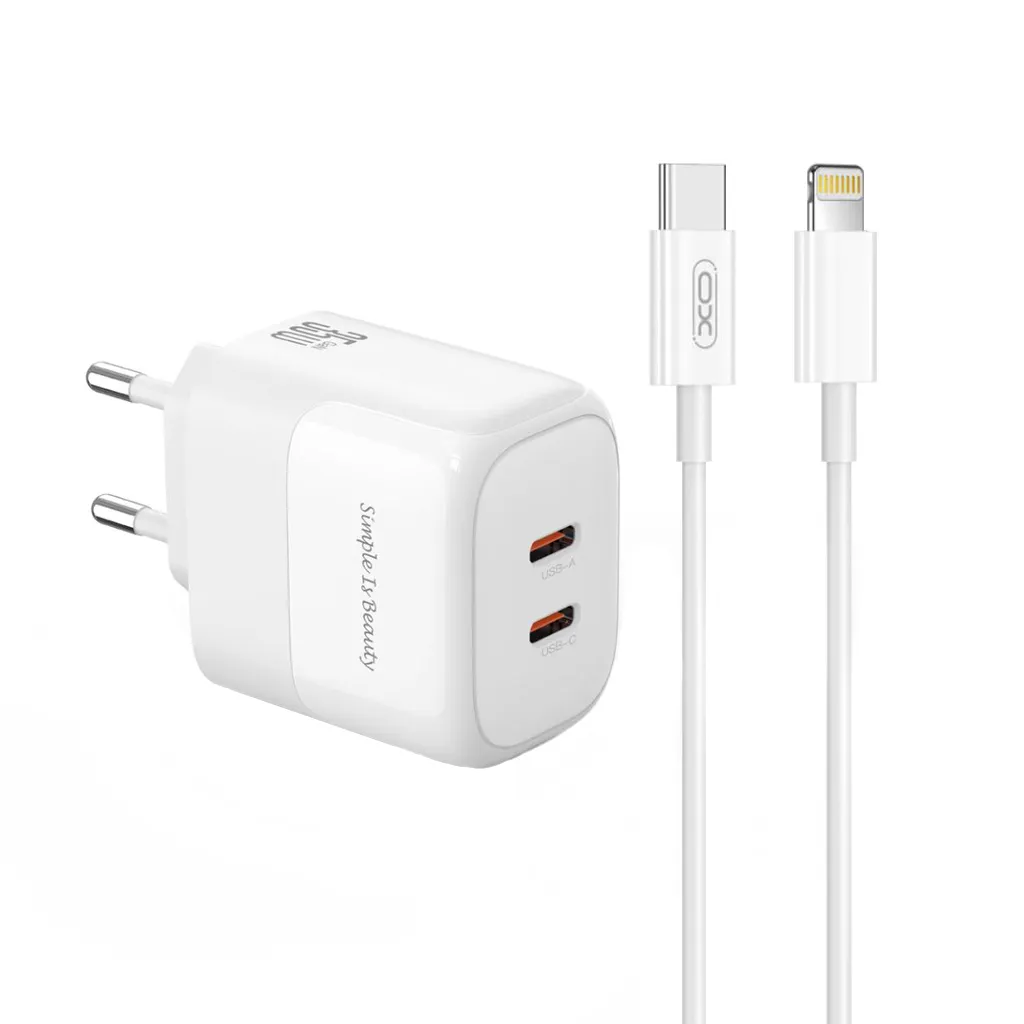 Caricabatterie da Rete con Cavo Lightning XO Design L140, 35W, 3A, 2 x USB-C, Bianco - immagine 1