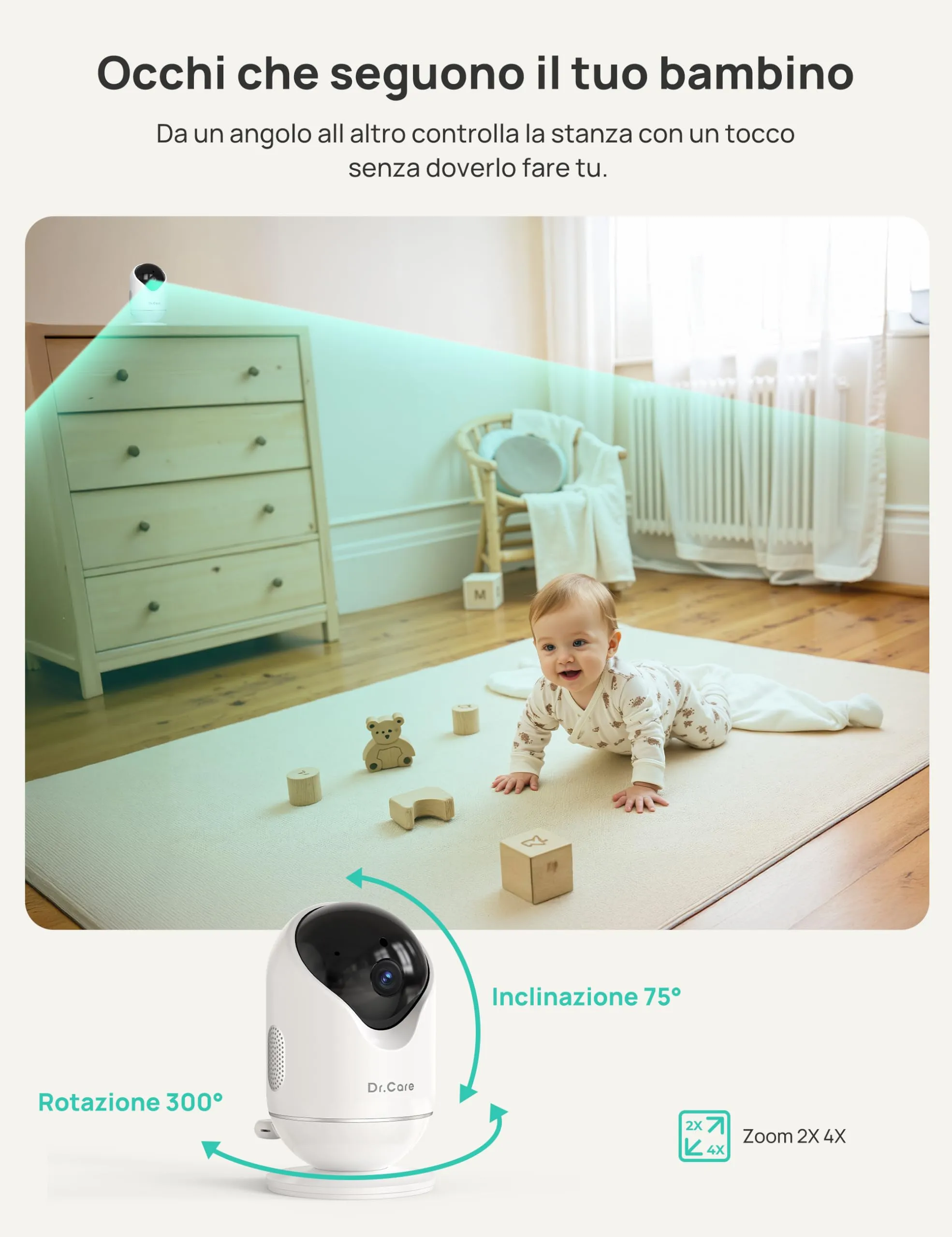 Dr.Care Baby Monitor WiFi 1080p, 2 telecamere, 5", App & allarme movimento - immagine 5