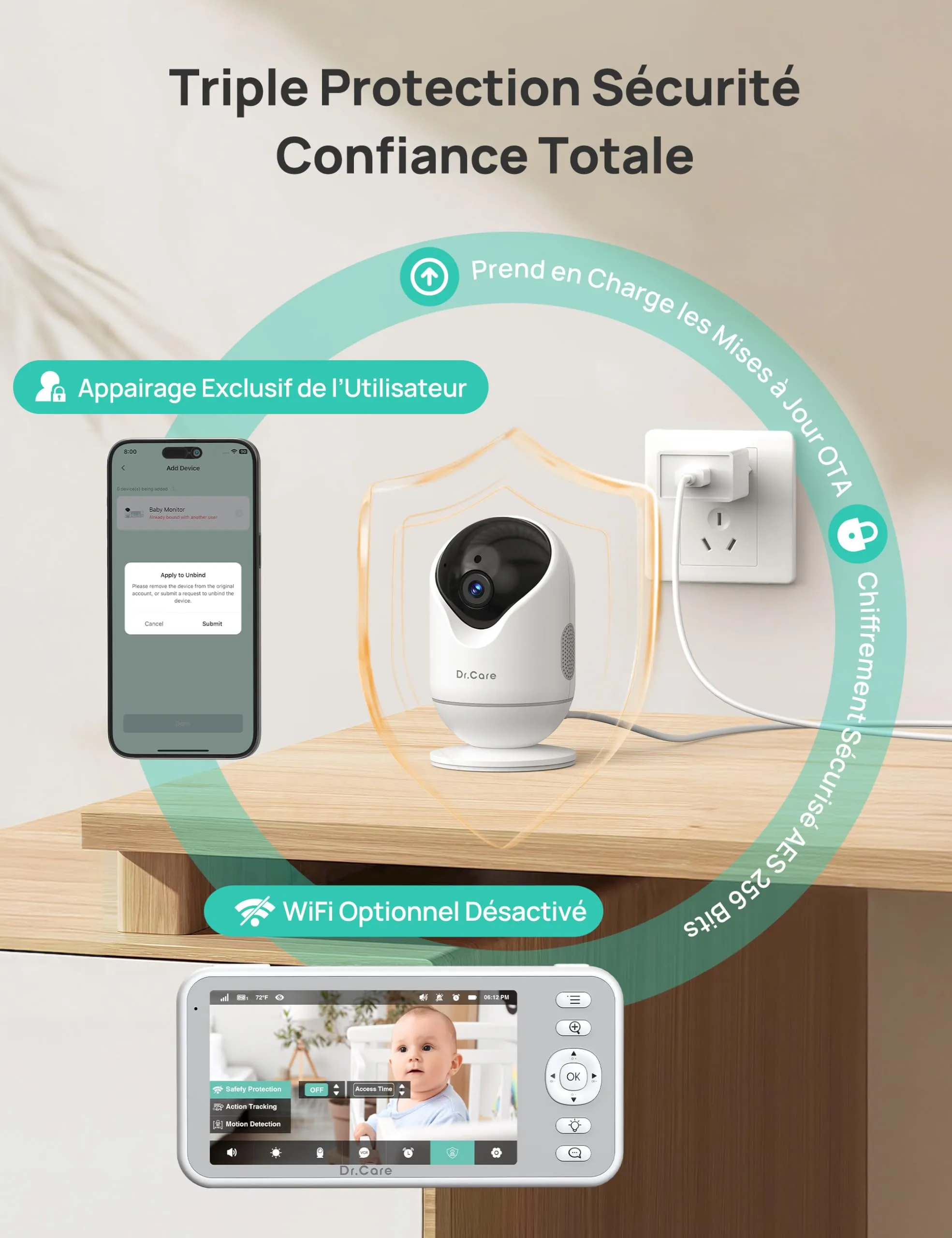 Dr.Care Baby Monitor WiFi 1080p, 2 telecamere, 5", App & allarme movimento - immagine 9