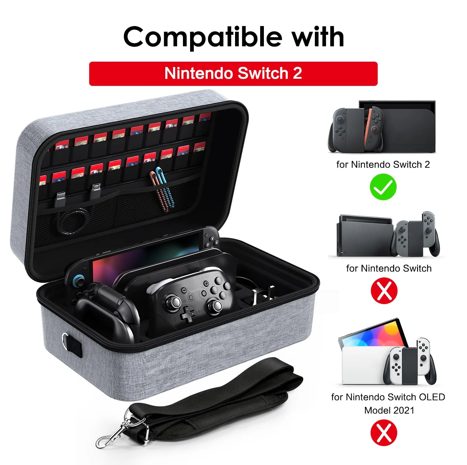 iVoler Custodia di Trasporto compatibile con Nintendo Switch/Nintendo Switch 2, Case da Viaggio Rigido Deluxe per Console Switch e Altri Accessori (Grigio, Switch 2, Standard) - immagine 4