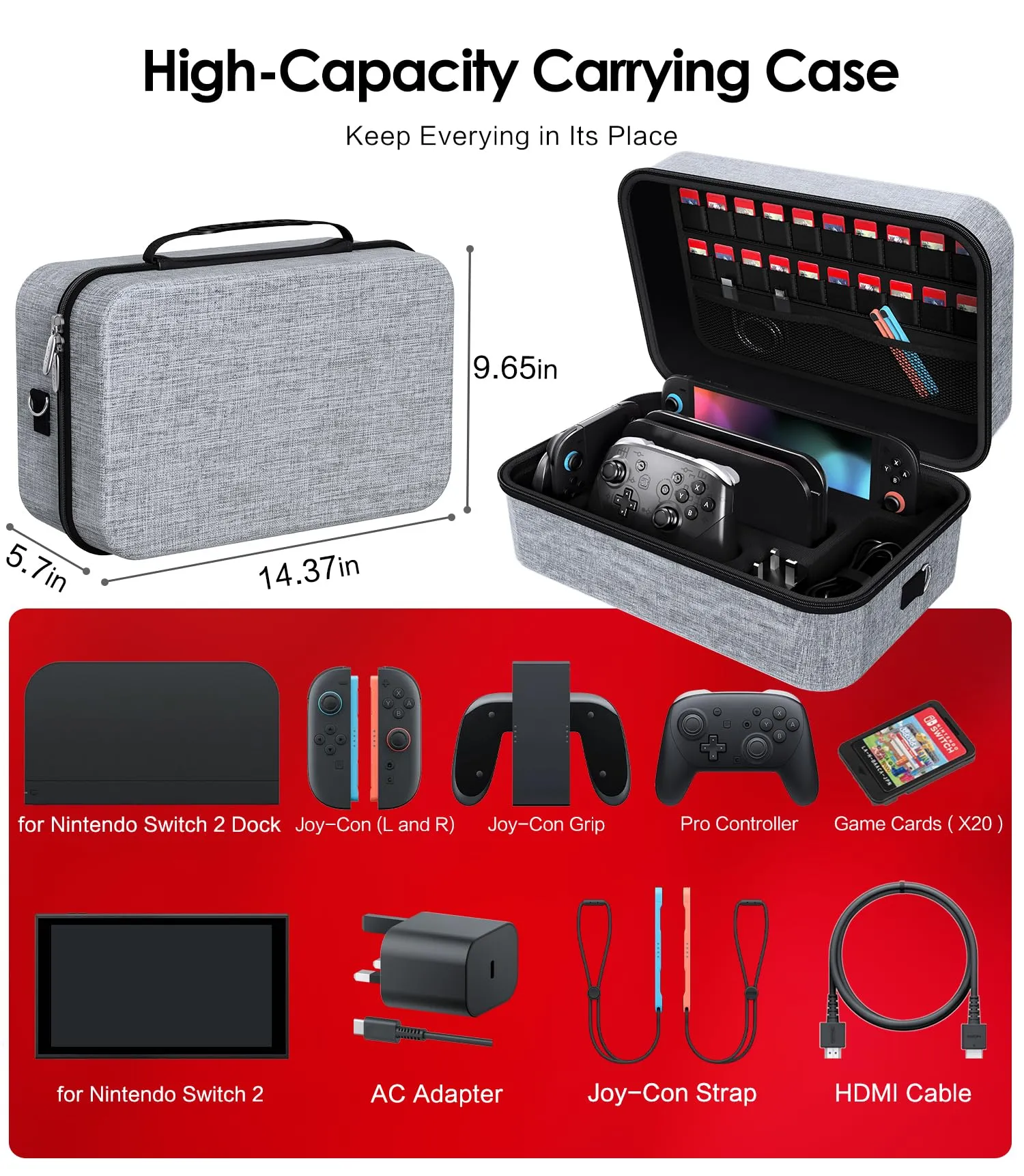 iVoler Custodia di Trasporto compatibile con Nintendo Switch/Nintendo Switch 2, Case da Viaggio Rigido Deluxe per Console Switch e Altri Accessori (Grigio, Switch 2, Standard) - immagine 5
