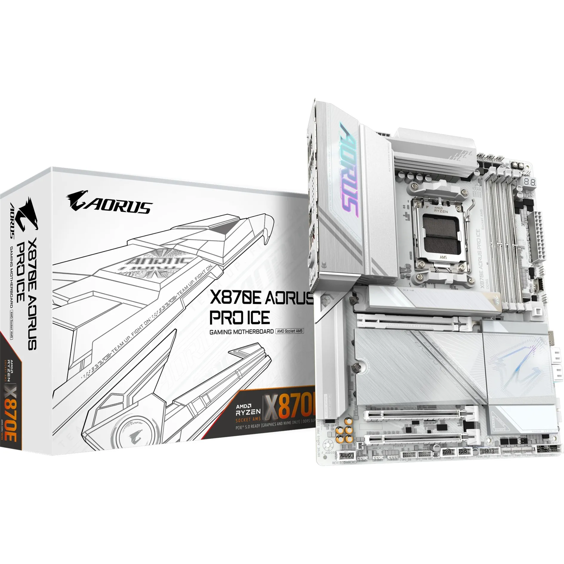 X870E AORUS PRO ICE Scheda Madre - Supporta CPU AMD Ryzen 9000, 16+2+2 Fasi VRM Digitale, fino a 8000MHz DDR5 (OC), 3xPCIe 5.0 + 1xPCIe 4.0, Wi-Fi 7, 2.5GbE LAN, USB 4 - immagine 1