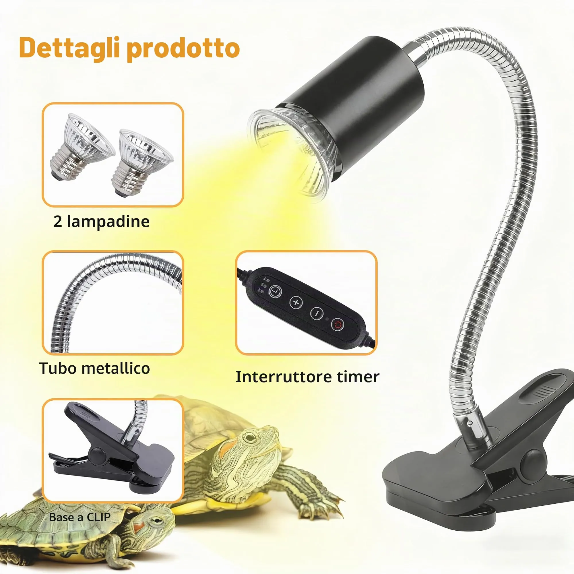 Frogetu Lampada UVA UVB per Tartarughe (Cycle Timer), Lampada Termica per Tartarughe, Lampadine 25W+50W Regolabili a 360° lampada per Anfibi Adatto per Tartaruga, Ragno, Lucertola, Serpente, Anfibi - immagine 6