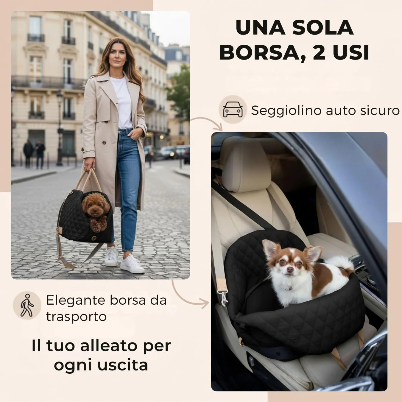 Borsa per cane piccola taglia, trasportino cani auto 3 kg, borsa chihuahua - immagine 2