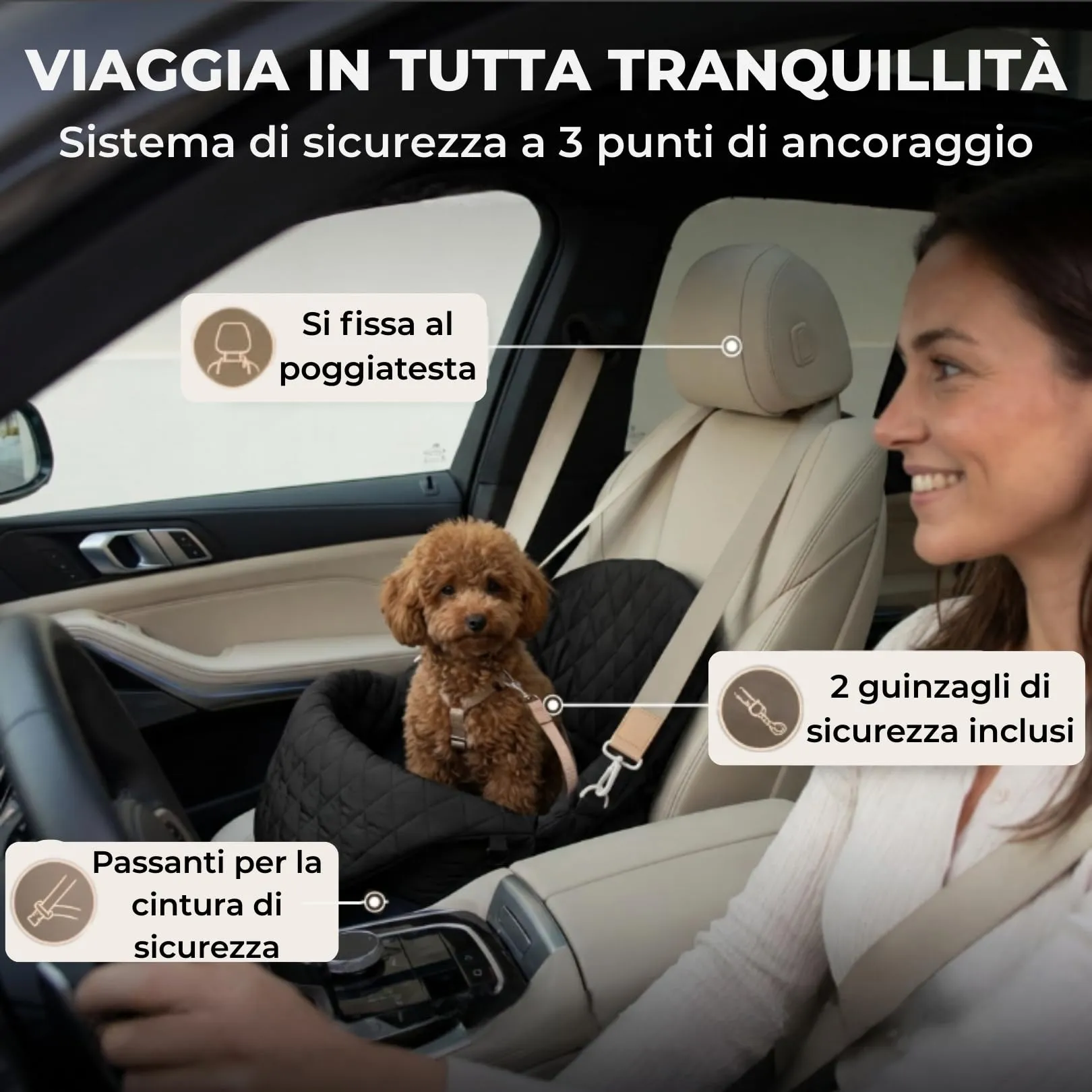 Borsa per cane piccola taglia, trasportino cani auto 3 kg, borsa chihuahua - immagine 3