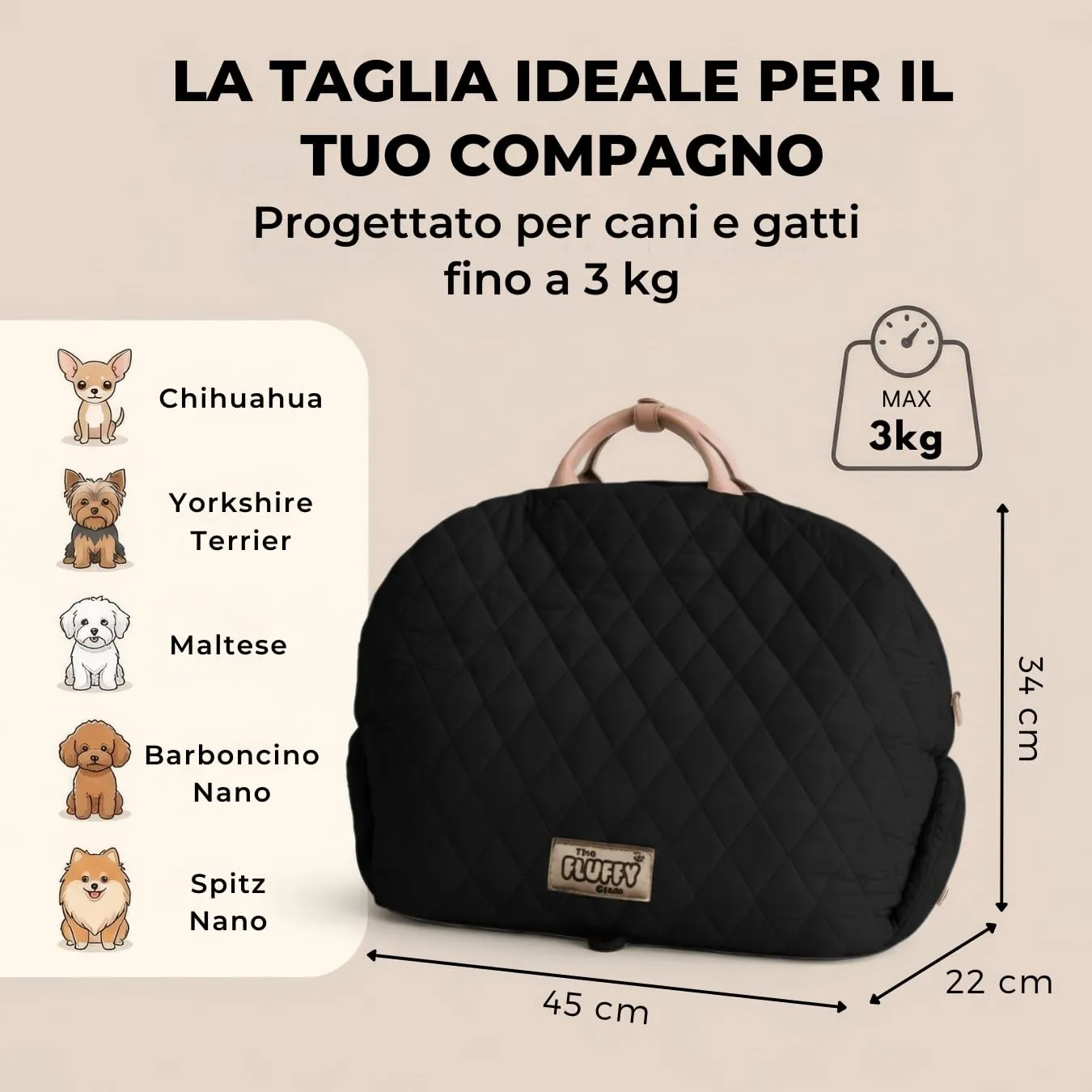 Borsa per cane piccola taglia, trasportino cani auto 3 kg, borsa chihuahua - immagine 4