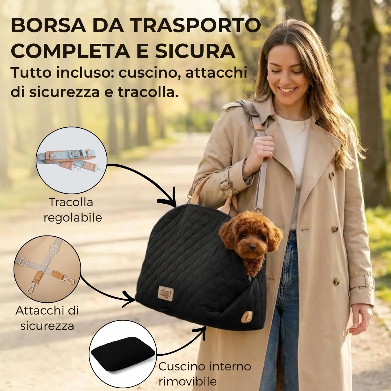 Borsa per cane piccola taglia, trasportino cani auto 3 kg, borsa chihuahua - immagine 6