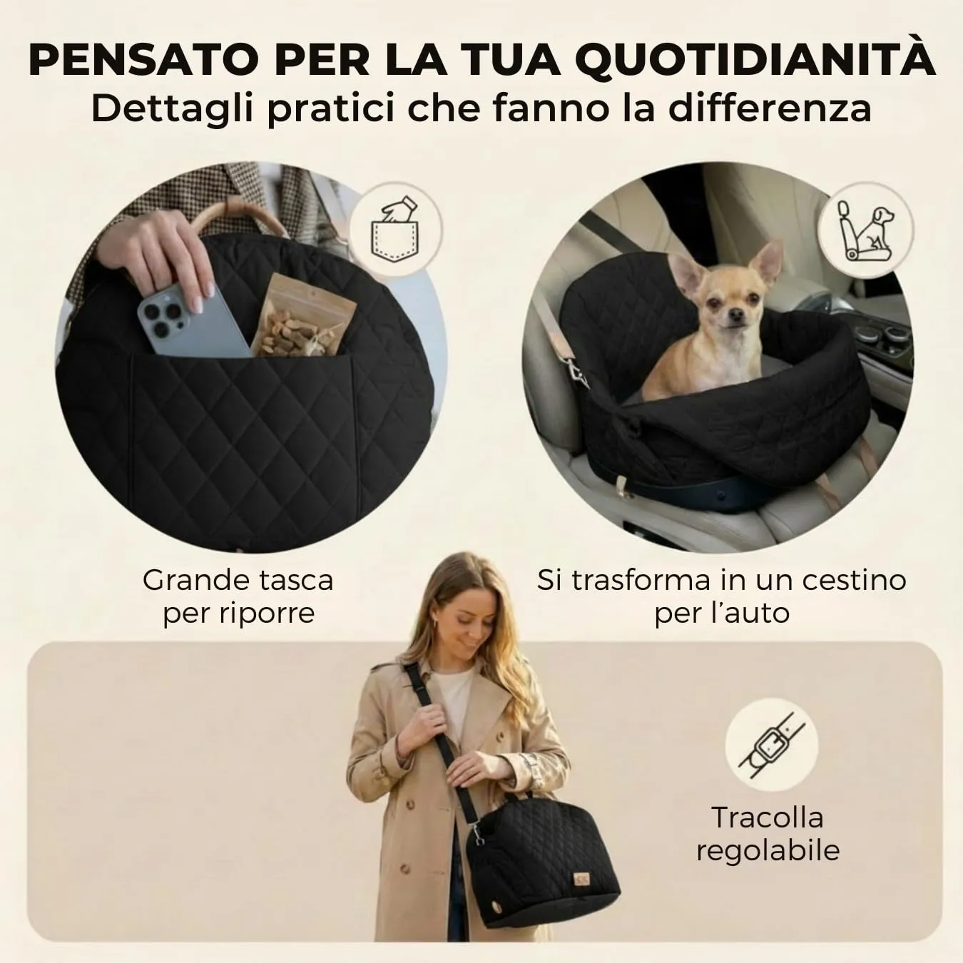 Borsa per cane piccola taglia, trasportino cani auto 3 kg, borsa chihuahua - immagine 8