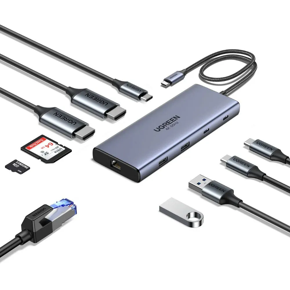 Hub USB-C UGREEN CM639 (45380), 2 x USB-A 3.2 - 3 x USB-C - 2 x HDMI - 1 x RJ45 - 1 x SD - 1 x microSD, Grigio - immagine 1