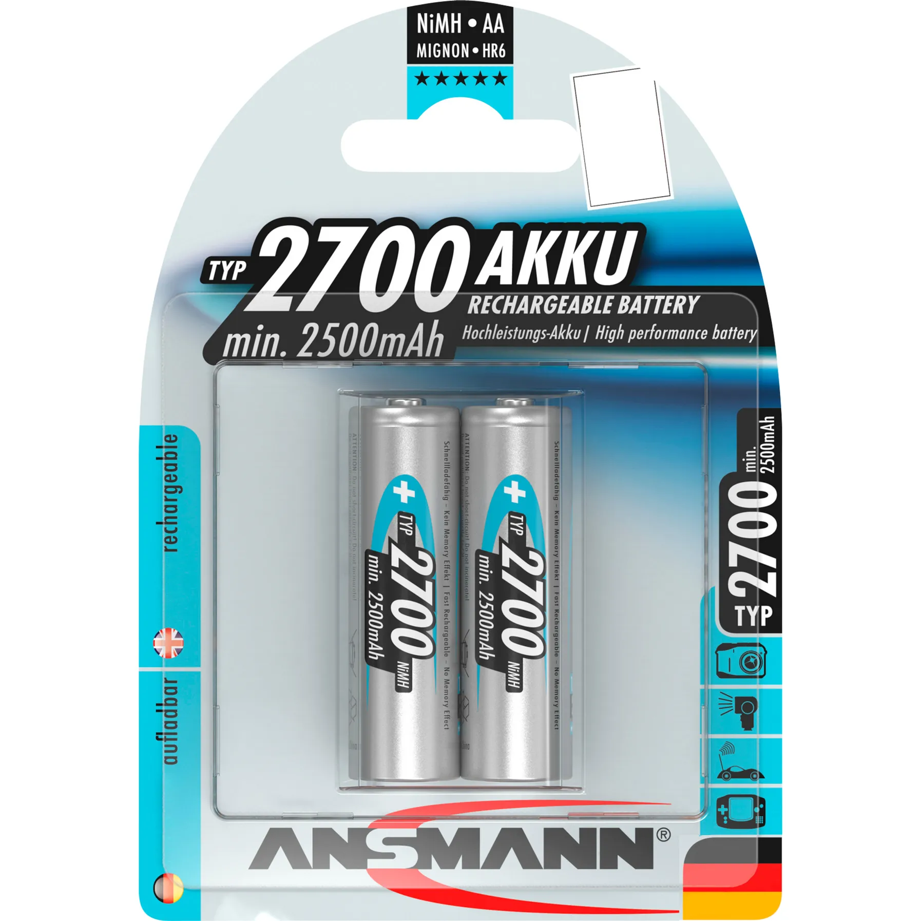 Blister 2 X Accu, AA, 2700mAh AA / HR6 Nichel-Metallo Idruro (NiMH), Batteria - immagine 1