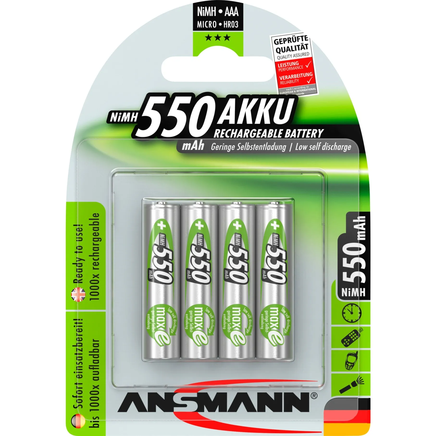 Blister 4 X Accu, AAA, 550 mAh AAA / HR03 Nichel-Metallo Idruro (NiMH), Batteria - immagine 1