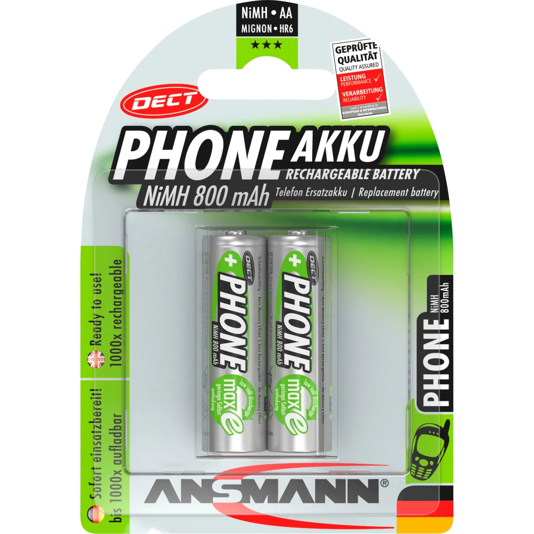 Blister 2 X DECT Accu, AA, 800mAh Nichel-Metallo Idruro (NiMH) 800mAh 1.2V batteria ricaricabile - immagine 1