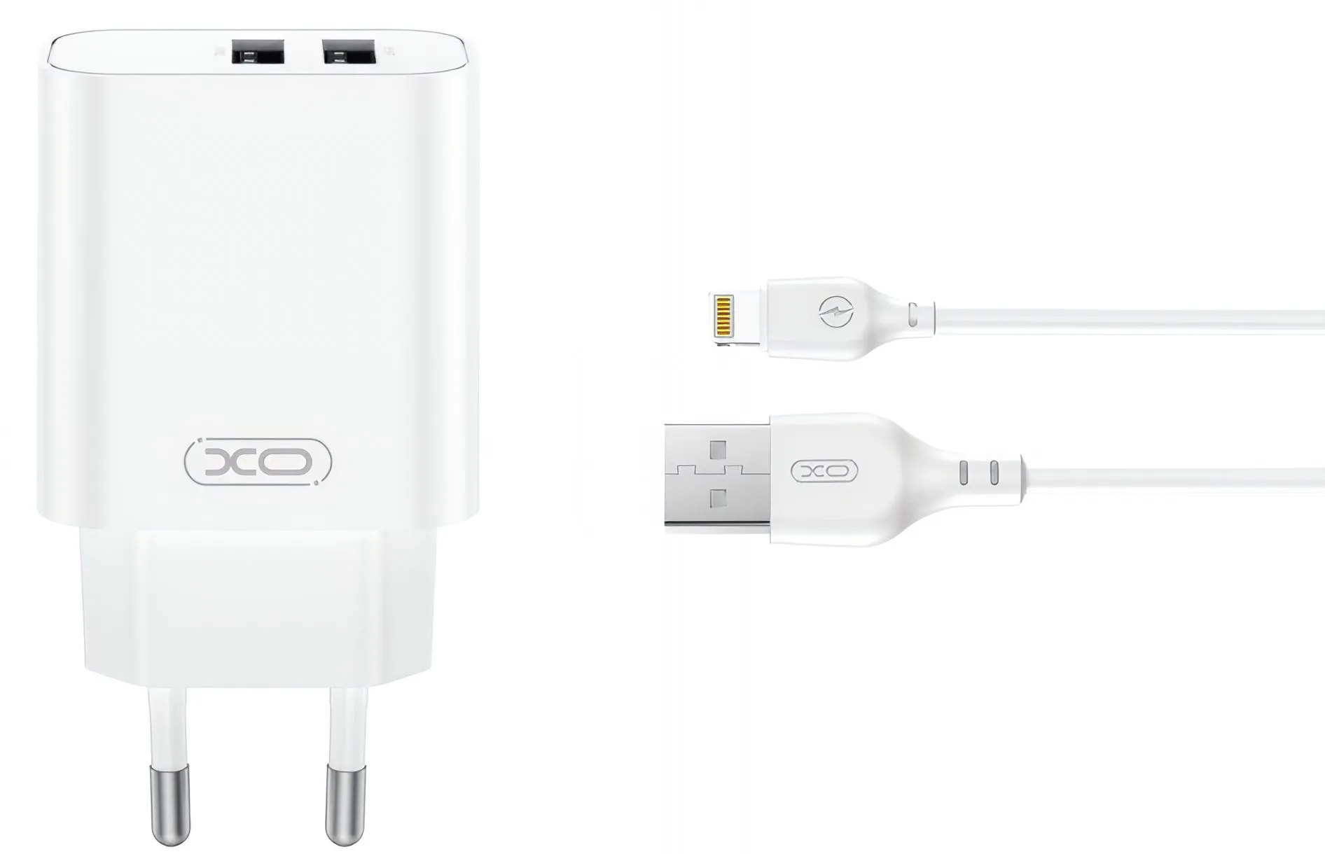 Caricabatterie da Rete con Cavo Lightning XO Design CE34, 12W, 2.4A, 2 x USB-A, Bianco - immagine 1