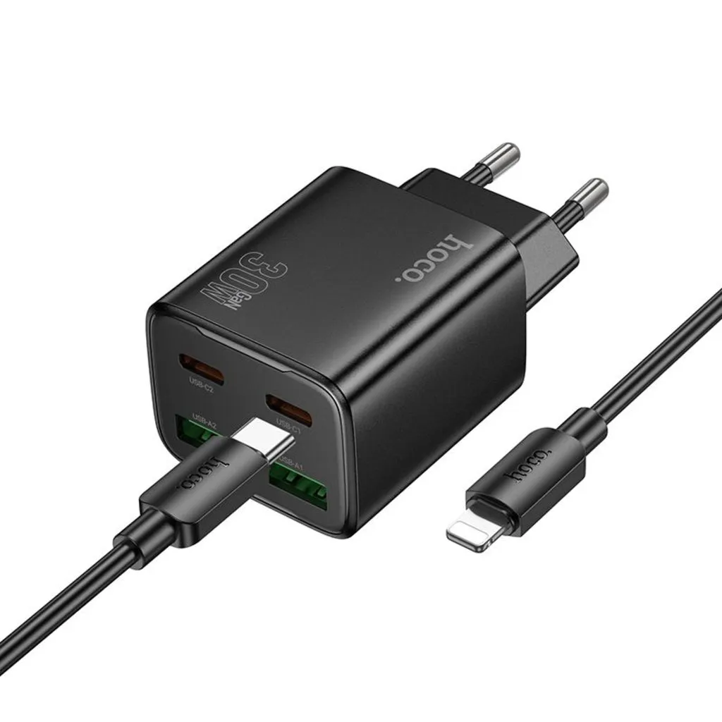 Caricabatterie da Rete con Cavo Lightning HOCO N56, 30W, 3A, 2 x USB-A - 2 x USB-C, Nero - immagine 1