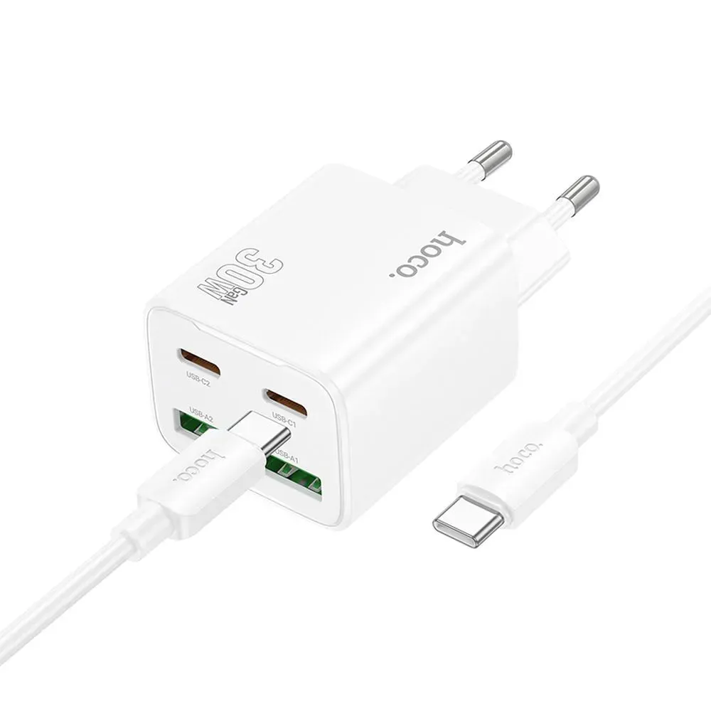 Caricabatterie da Rete con Cavo USB-C HOCO N56, 30W, 3A, 2 x USB-A - 2 x USB-C, Bianco - immagine 1