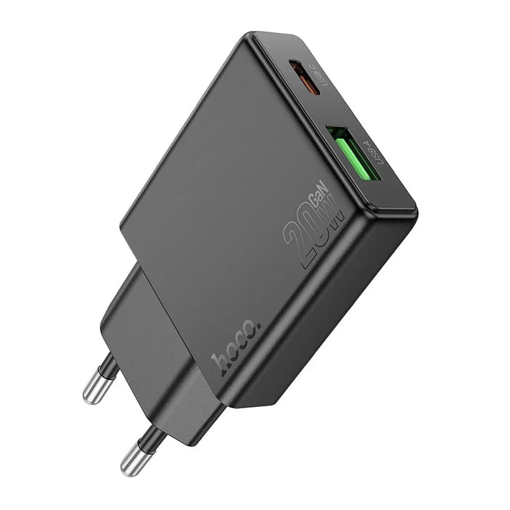 Caricabatterie Rete HOCO N38, 20W, 3A, 1 x USB-A - 1 x USB-C, Nero - immagine 1