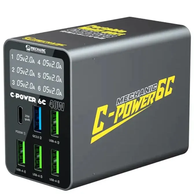Caricabatterie Stazione Mechanic 6C con Display, 40W, 3A, 1 x USB-C - 5 x USB-A, Nero - immagine 1