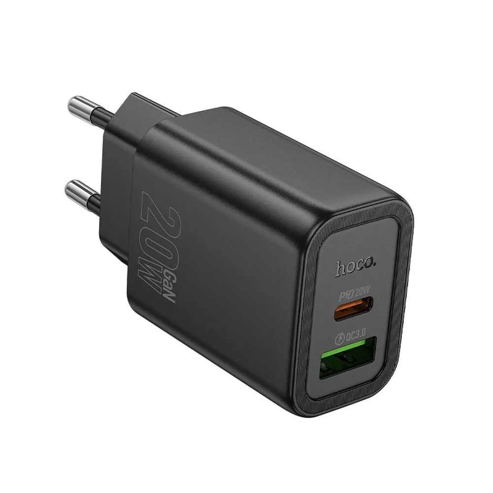 Caricabatterie Rete HOCO N61, 20W, 3A, 1 x USB-A - 1 x USB-C, Nero - immagine 1
