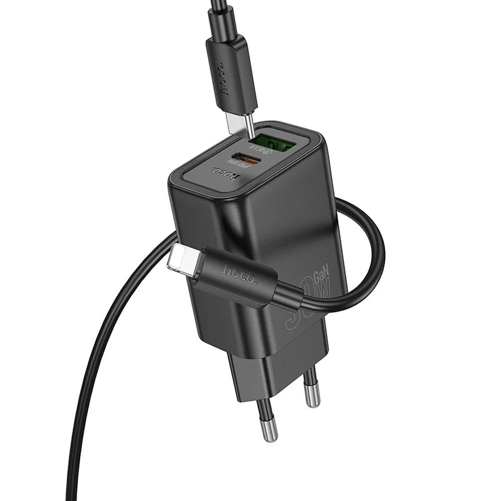 Caricabatterie da Rete con Cavo Lightning HOCO N63, 30W, 3A, 1 x USB-A - 1 x USB-C, Nero - immagine 1