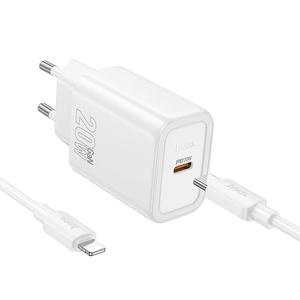 Caricabatterie da rete con cavo Lightning HOCO N60, 20W, 3A, 1 x USB-C, Bianco - immagine 1