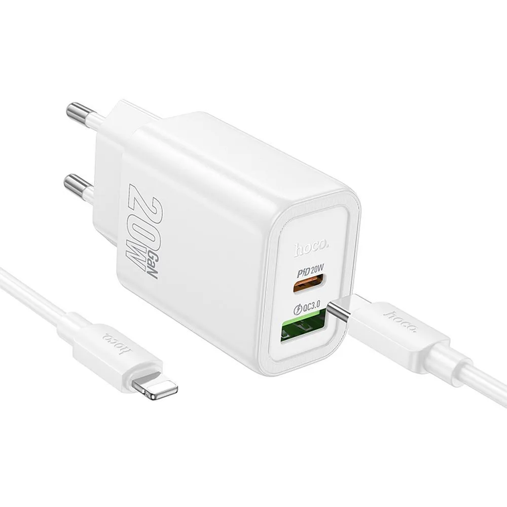 Caricabatterie da rete con cavo Lightning HOCO N61, 20W, 3A, 1 x USB-A - 1 x USB-C, Bianco - immagine 1