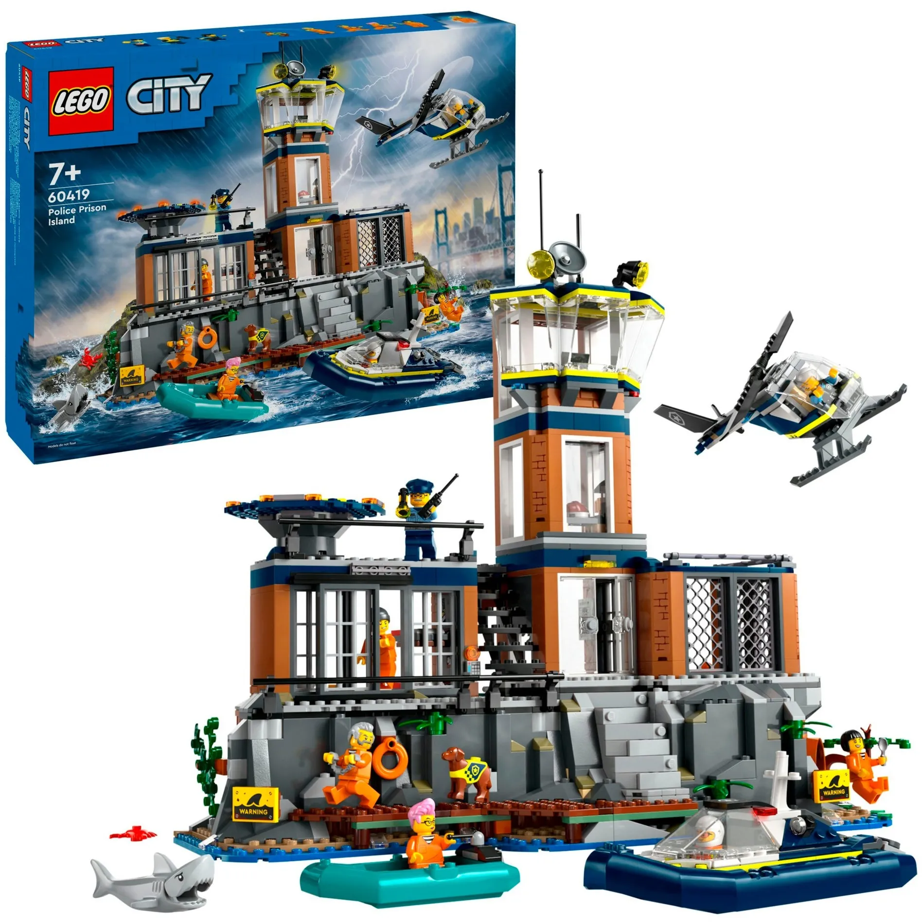 City 60419 Prigione sull’Isola della Polizia, Giocattolo ricco di Funzioni con Elicottero, Barca, Gommone e 7 Minifigure, Giochi di costruzione - immagine 1