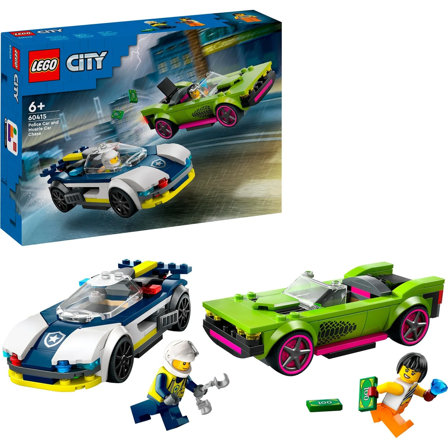 City 60415 Inseguimento della Macchina da Corsa, 2 Modellini di Auto della Polizia, Giocattolo per Bambini di 6+ Anni, Giochi di costruzione - immagine 1