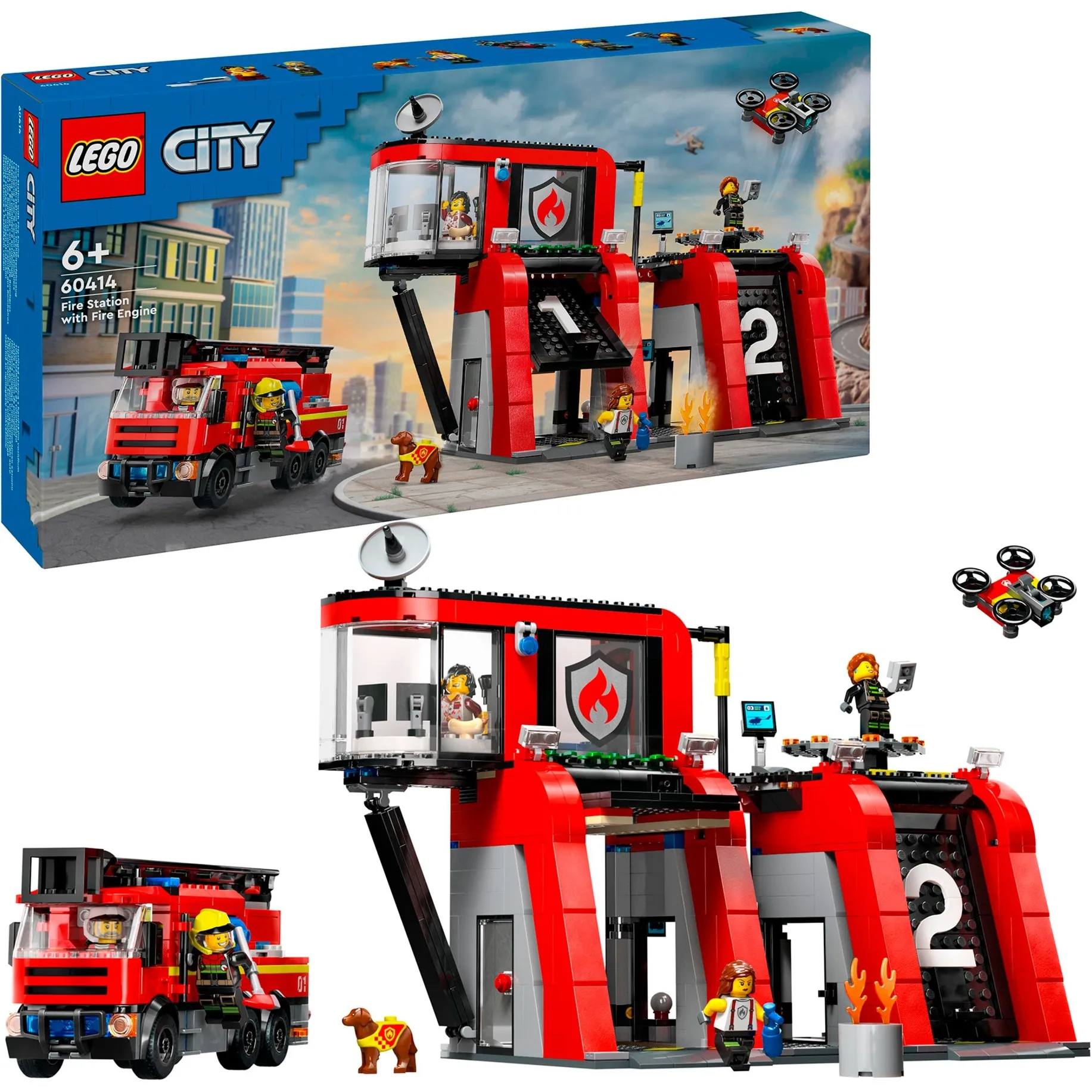 City 60414 Caserma dei Pompieri e Autopompa con Camion Giocattolo, 6 Minifigure, Cane e Accessori, Gioco per Bambini 6+, Giochi di costruzione - immagine 1