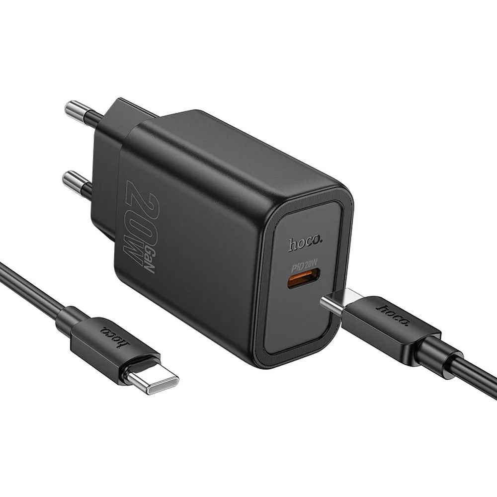 Caricabatterie da Rete con Cavo USB-C HOCO N60, 20W, 3A, 1 x USB-C, Nero - immagine 1