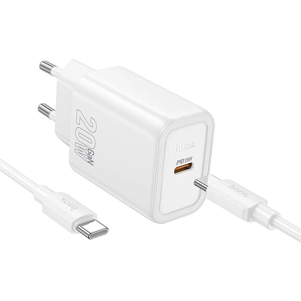 Caricabatterie da Rete con Cavo USB-C HOCO N60, 20W, 3A, 1 x USB-C, Bianco - immagine 1