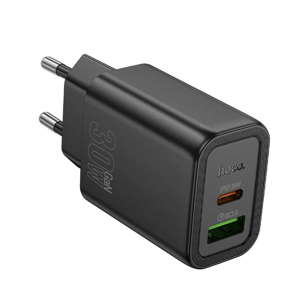 Caricabatterie Rete HOCO N63, 30W, 3A, 1 x USB-A - 1 x USB-C, Nero - immagine 1