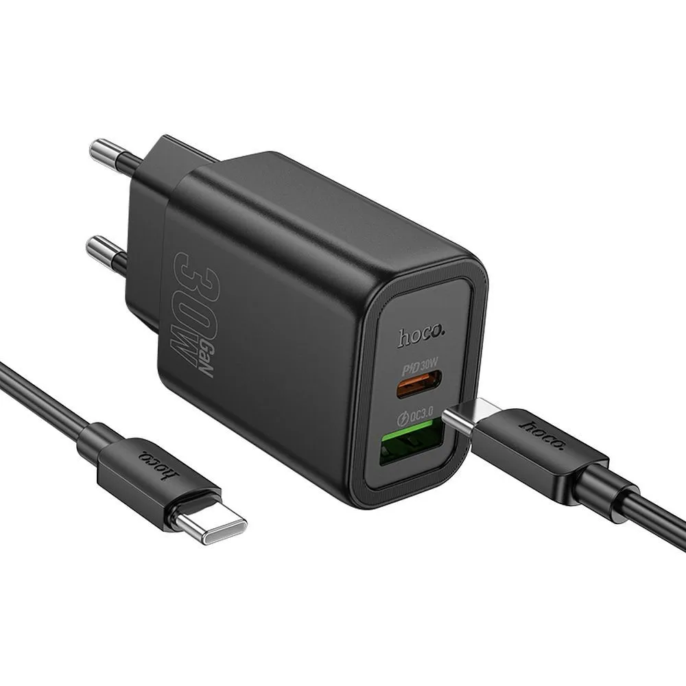 Caricabatterie da Rete con Cavo USB-C HOCO N63, 30W, 3A, 1 x USB-A - 1 x USB-C, Nero - immagine 1