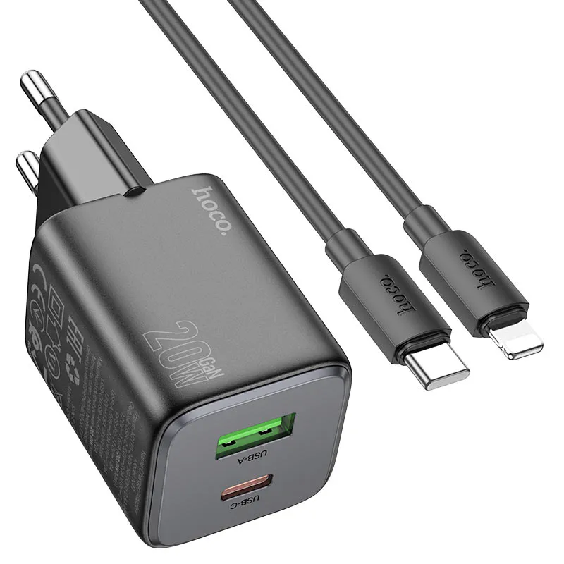 Caricabatterie da rete con cavo Lightning HOCO N41, 20W, 3A, 1 x USB-A - 1 x USB-C, Nero - immagine 1